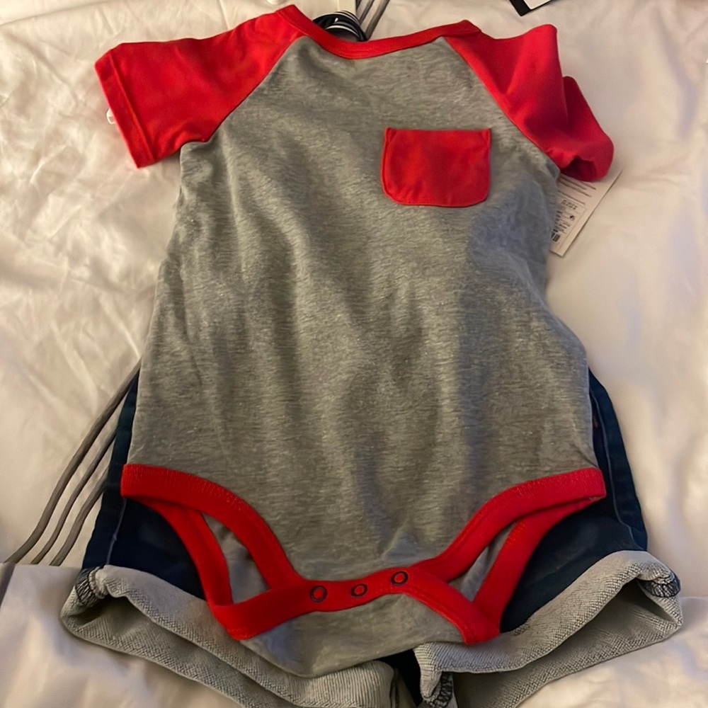 Boys two piece set, overalls and red onesie